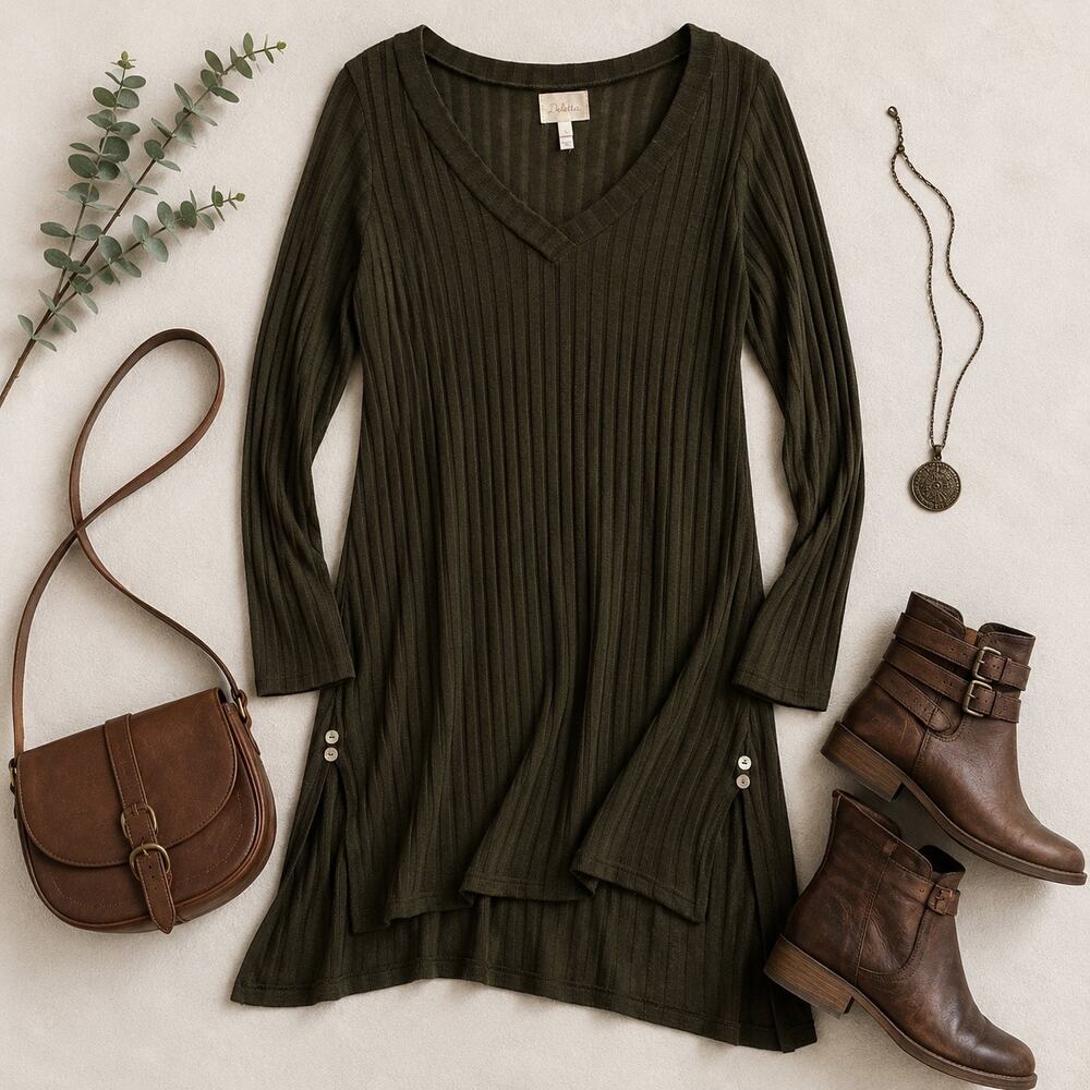 Anthropologie Deletta Ribbed V-Neck Tunic Top Boho Minimalist Long Sleeve Large